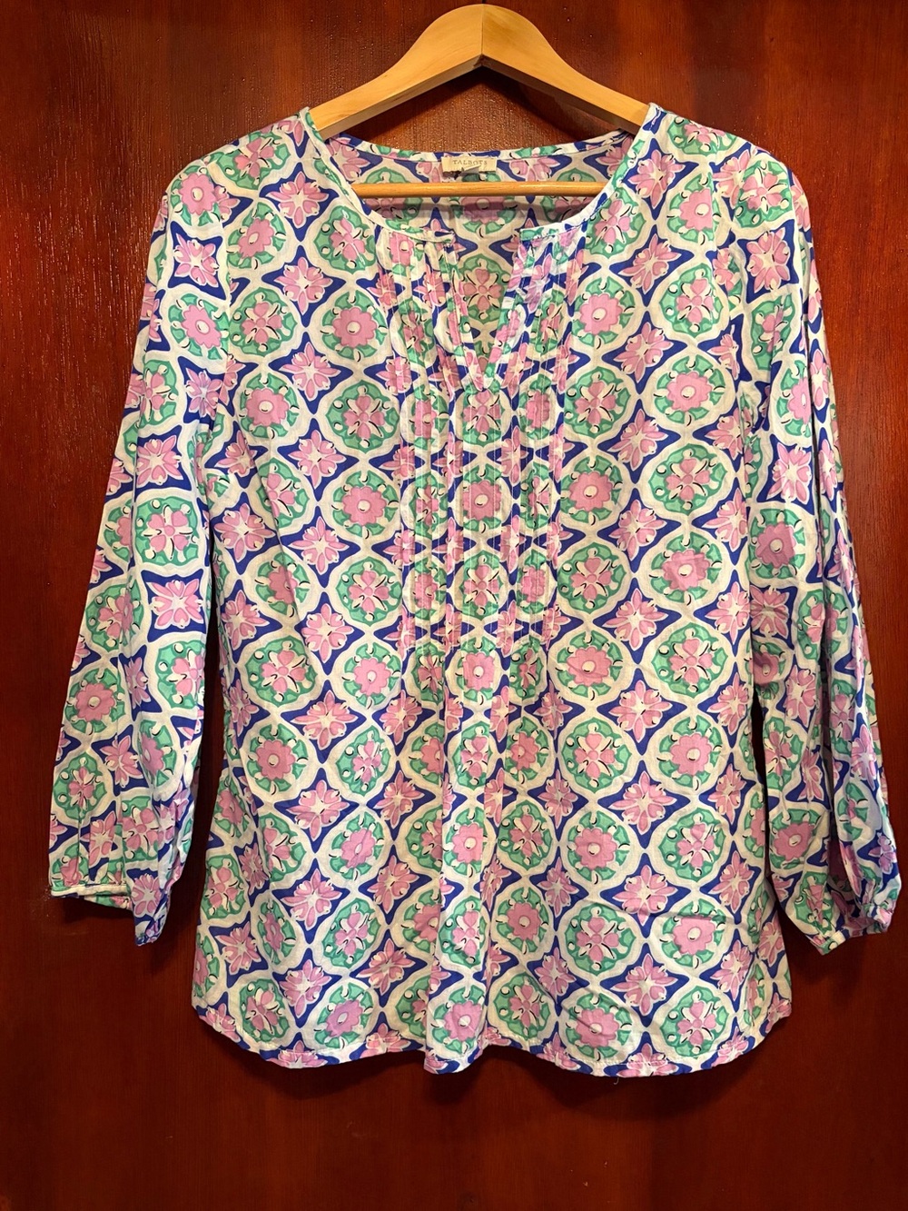 Talbots Pink, Green & Blue Printed Pintuck Top